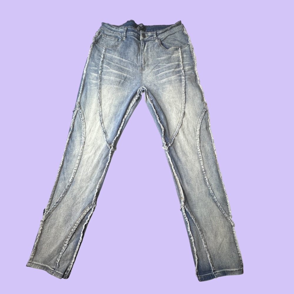 Forever 21 Jeans Mens 33x30 Blue Deconstructed Frayed Seam Slim Fit Streetwear